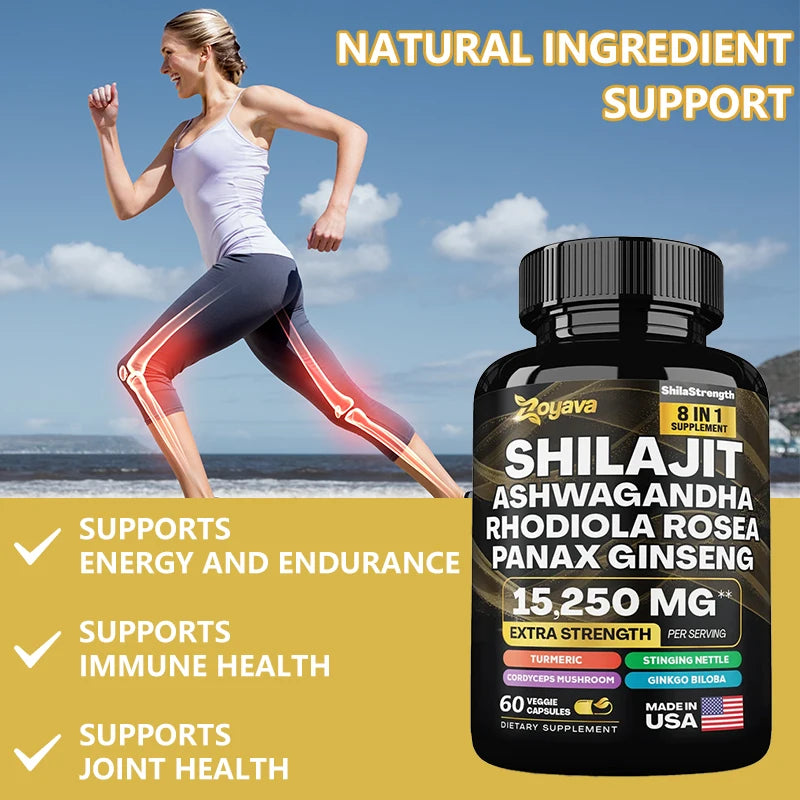 100% high purity Shilajit mineral supplement, eight natural ingredients, Ashwagandha, Ginseng, Turmeric, Energy, Immunity, Joint