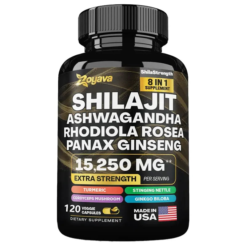 100% high purity Shilajit mineral supplement, eight natural ingredients, Ashwagandha, Ginseng, Turmeric, Energy, Immunity, Joint