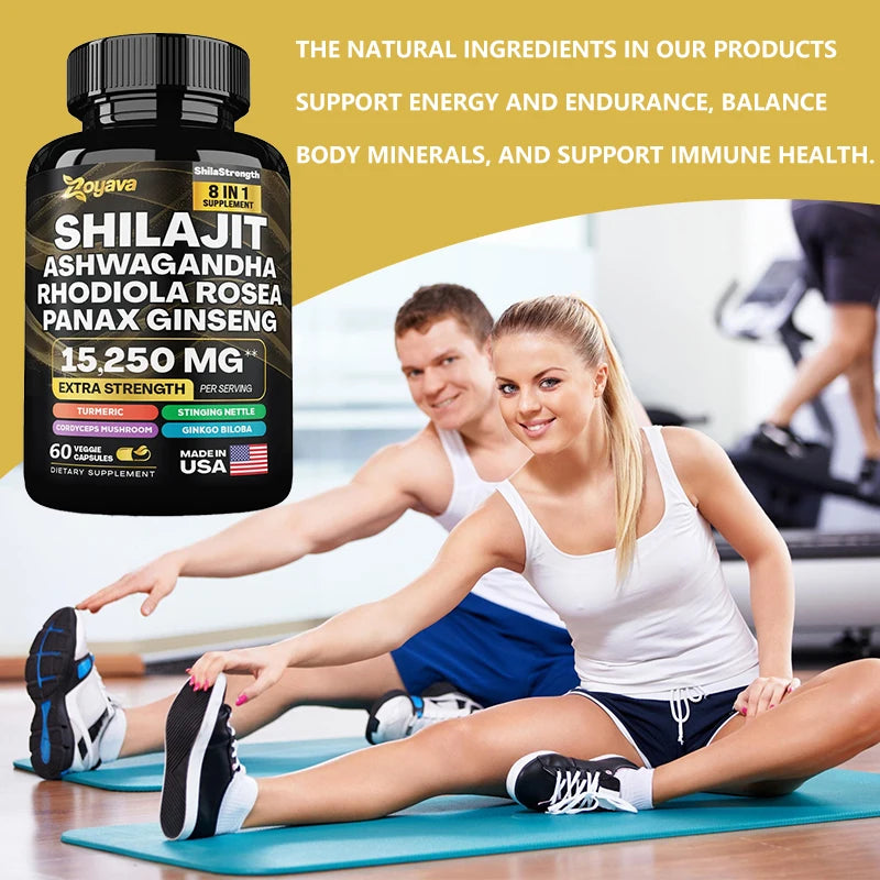 100% high purity Shilajit mineral supplement, eight natural ingredients, Ashwagandha, Ginseng, Turmeric, Energy, Immunity, Joint