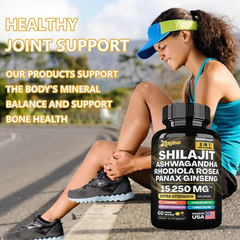 100% high purity Shilajit mineral supplement, eight natural ingredients, Ashwagandha, Ginseng, Turmeric, Energy, Immunity, Joint