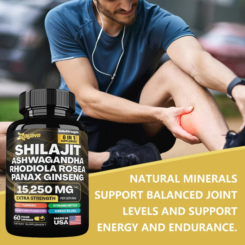 100% high purity Shilajit mineral supplement, eight natural ingredients, Ashwagandha, Ginseng, Turmeric, Energy, Immunity, Joint